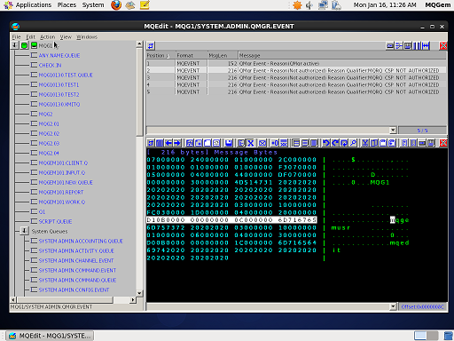 MQEdit editing a message in hex on CentOS