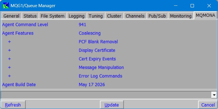 MO71 QMgr Dialog showing MQMONA details